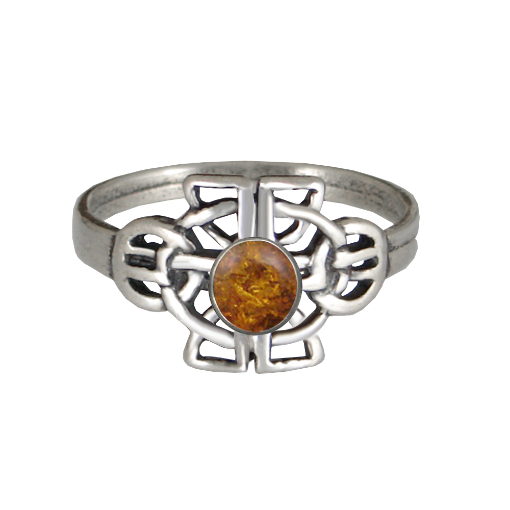 Sterling Silver Celtic Knotwork Ring With Amber Size 8